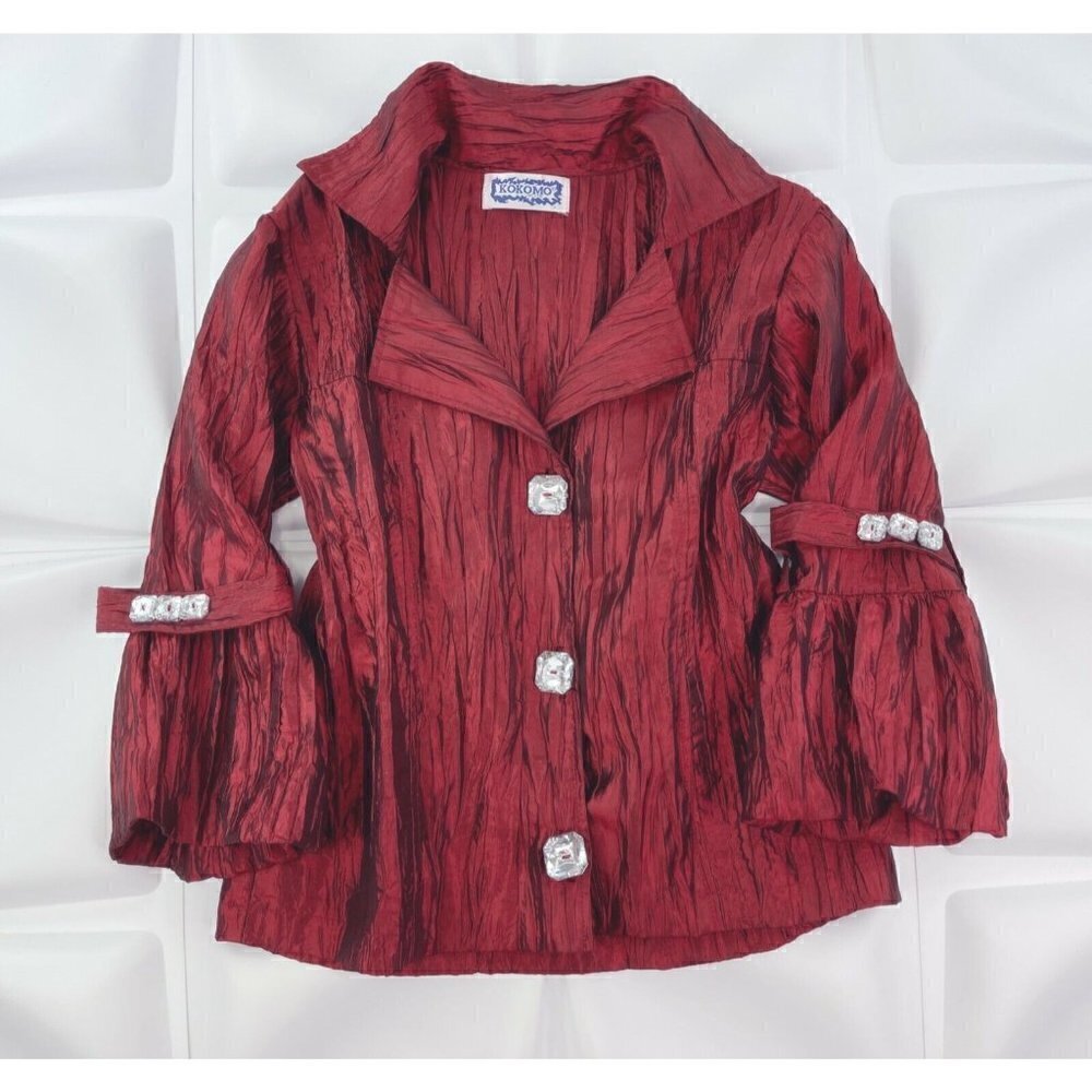 Kokomo Unlimited Women Sz S Metallic Red Shimmer Crinkle Button Up Blouse Jacket